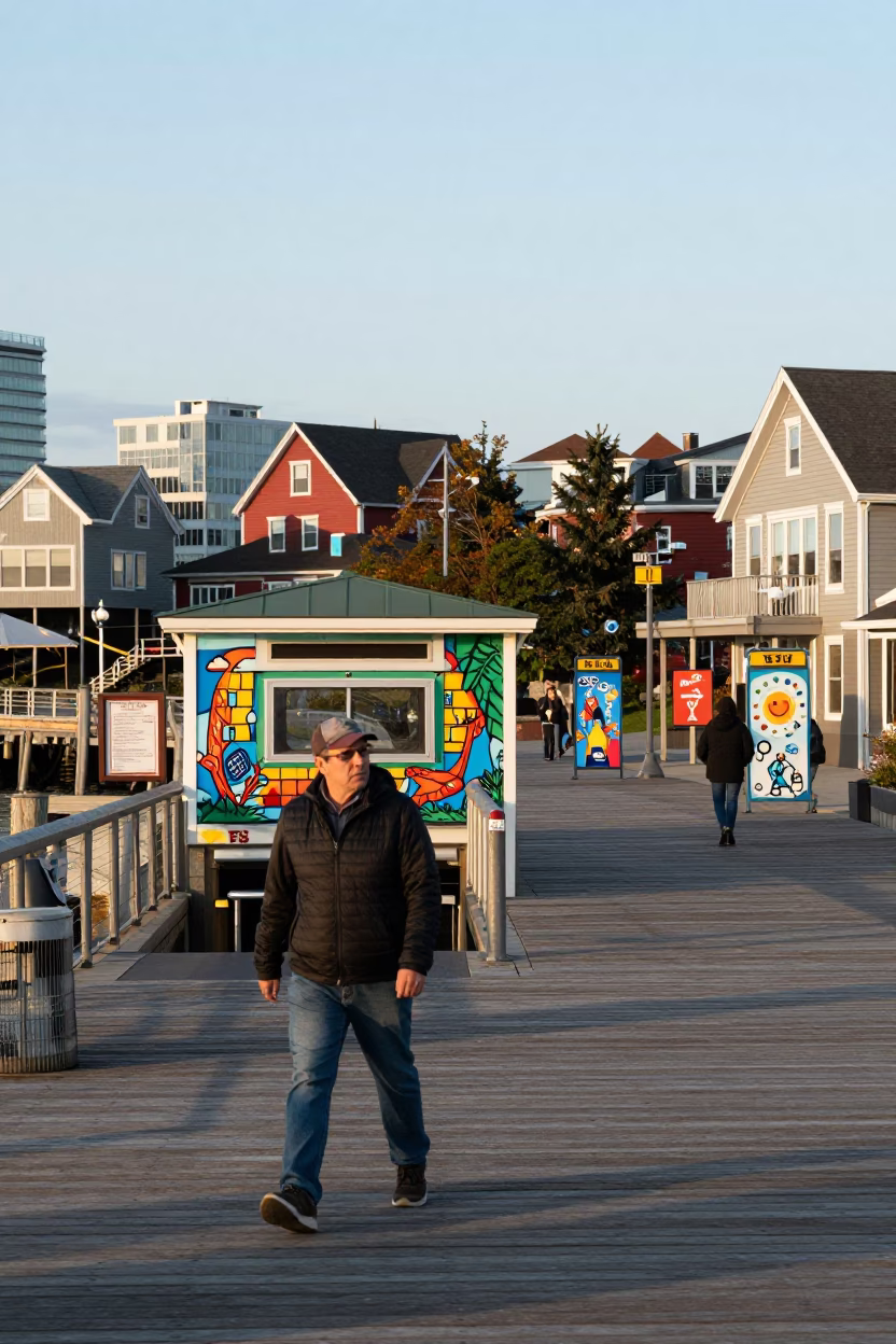 Halifax Waterfront Boardwalk Street Scene with Commuter and Local Art During Late Morning Light in in Halifax, Nova Scotia, Canada