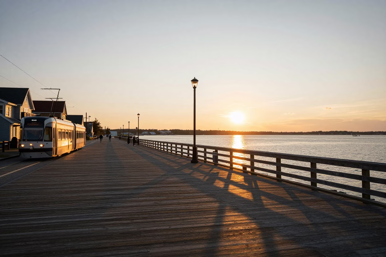 Halifax Waterfront Boardwalk Sunset Scene with Tram and Local Pedestrians in Nova Scotia Canada in in Halifax, Nova Scotia, Canada