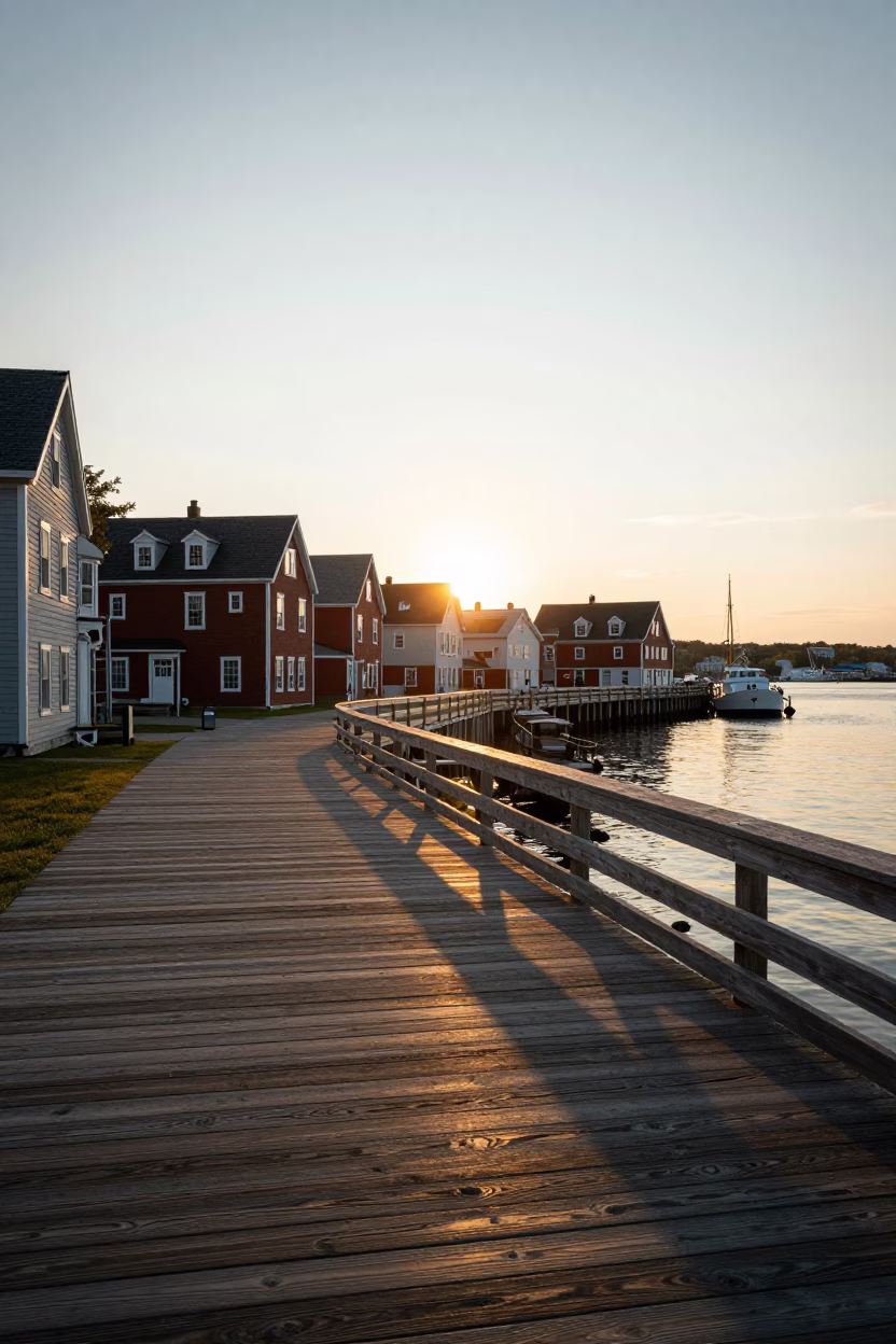 Halifax Waterfront Boardwalk Sunset View of Maritime Architecture and Busy Pedestrians in in Halifax, Nova Scotia, Canada