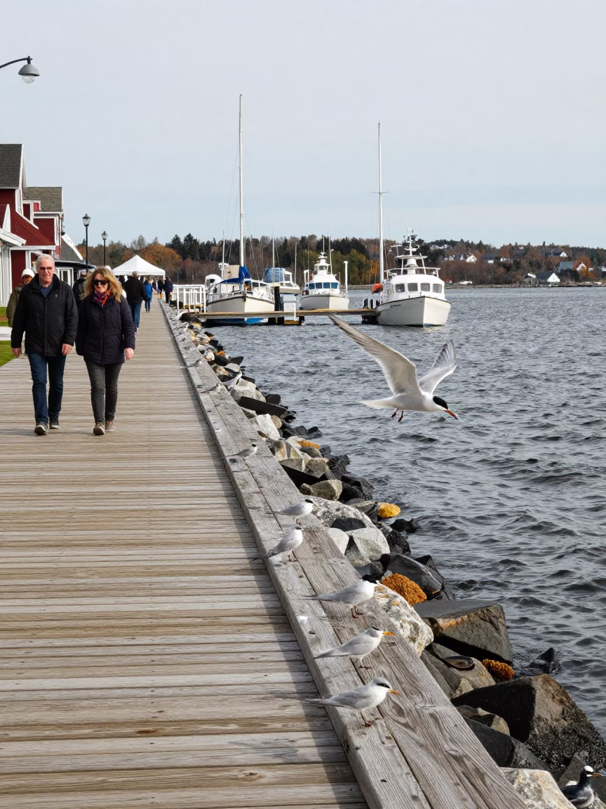 Halifax Waterfront Boardwalk with Terns and Harbor Boats in Bright Midmorning Light in in Halifax, Nova Scotia, Canada
