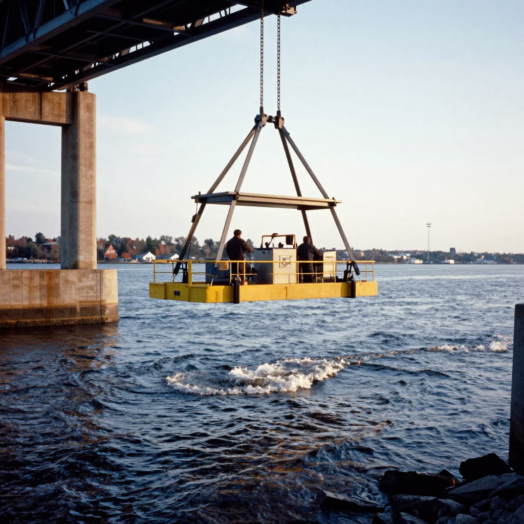 Halifax Waterfront Bridge Maintenance Cradle Over Cold River Water in Early Afternoon in in Halifax, Nova Scotia, Canada