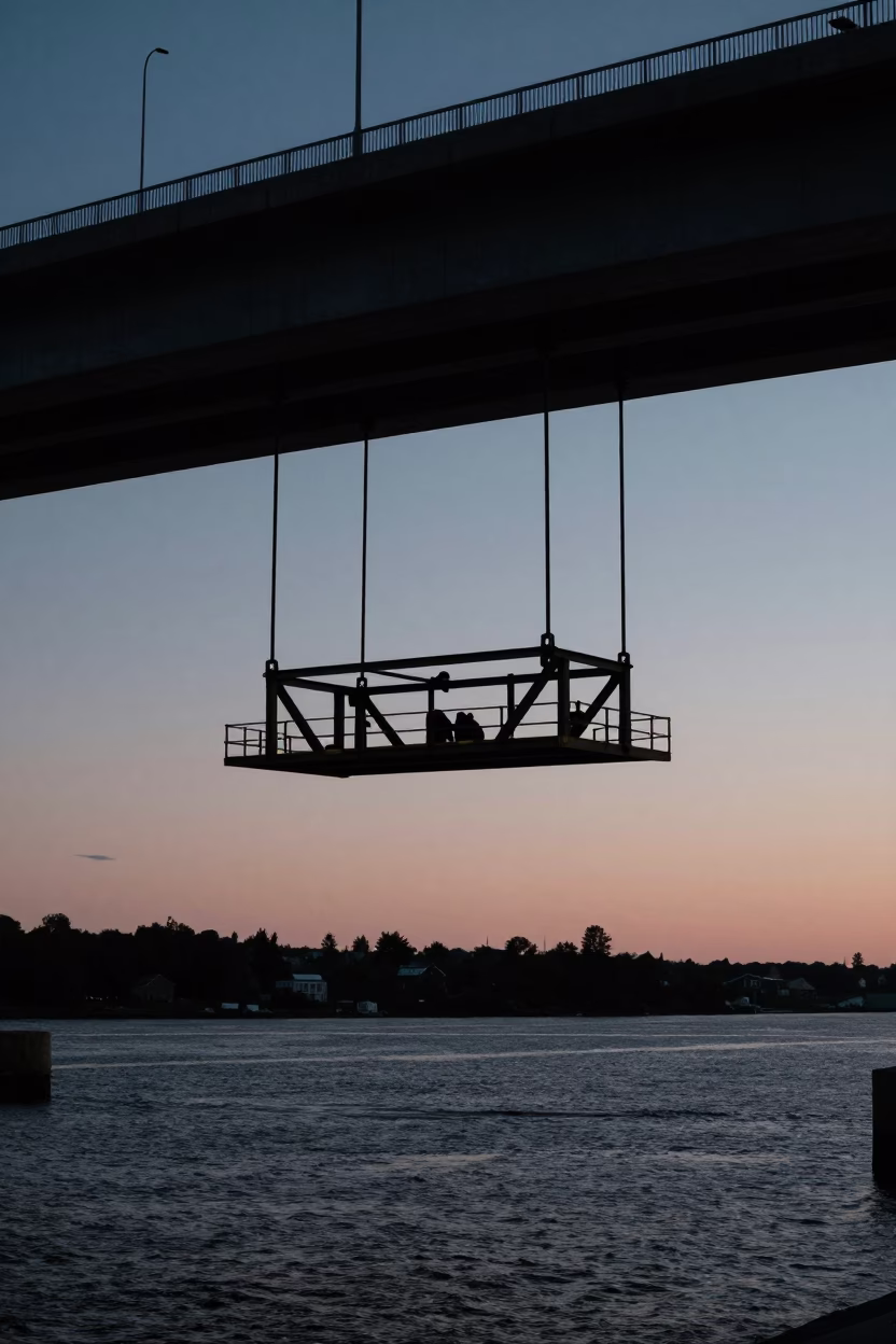Halifax Waterfront Bridge Maintenance Cradle Over Dark Pre-Dawn Harbor Waters in in Halifax, Nova Scotia, Canada