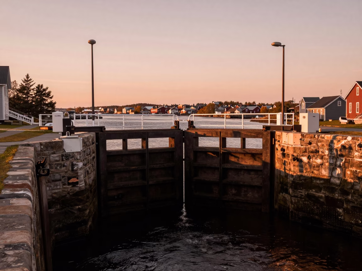 Halifax Waterfront Canal Lock Gate Closing at Dusk with Thermos and Wrench Nearby in in Halifax, Nova Scotia, Canada