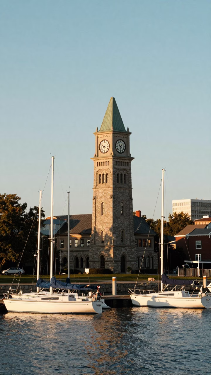 Halifax Waterfront Clock Tower and Sailboats in Late Afternoon Light in in Halifax, Nova Scotia, Canada
