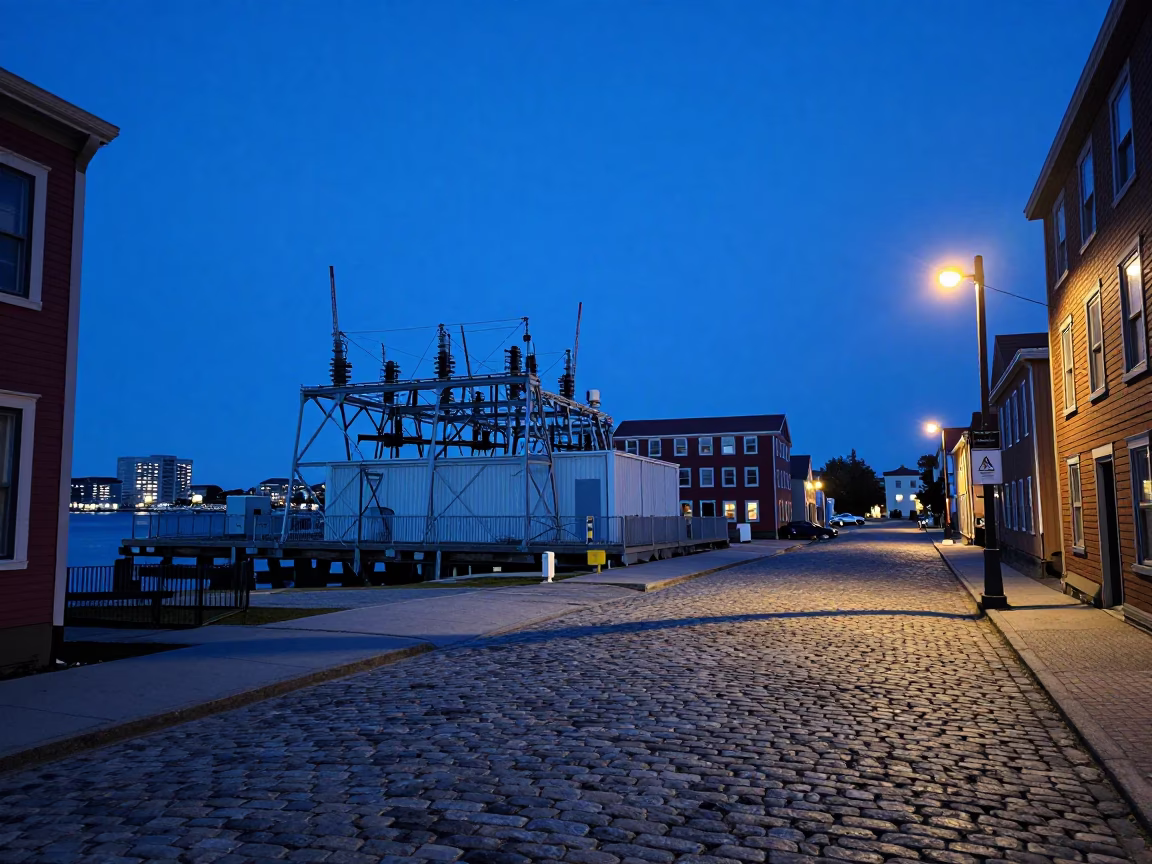 Halifax Waterfront Cobalt Twilight Power Substation and Cobblestone Street Scene in in Halifax, Nova Scotia, Canada