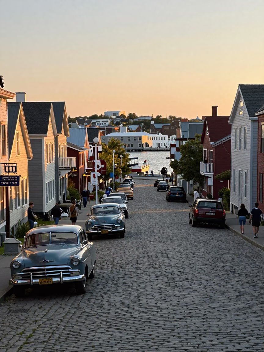 Halifax Waterfront Cobblestone Street Golden Hour Life and Maritime Details in in Halifax, Nova Scotia, Canada