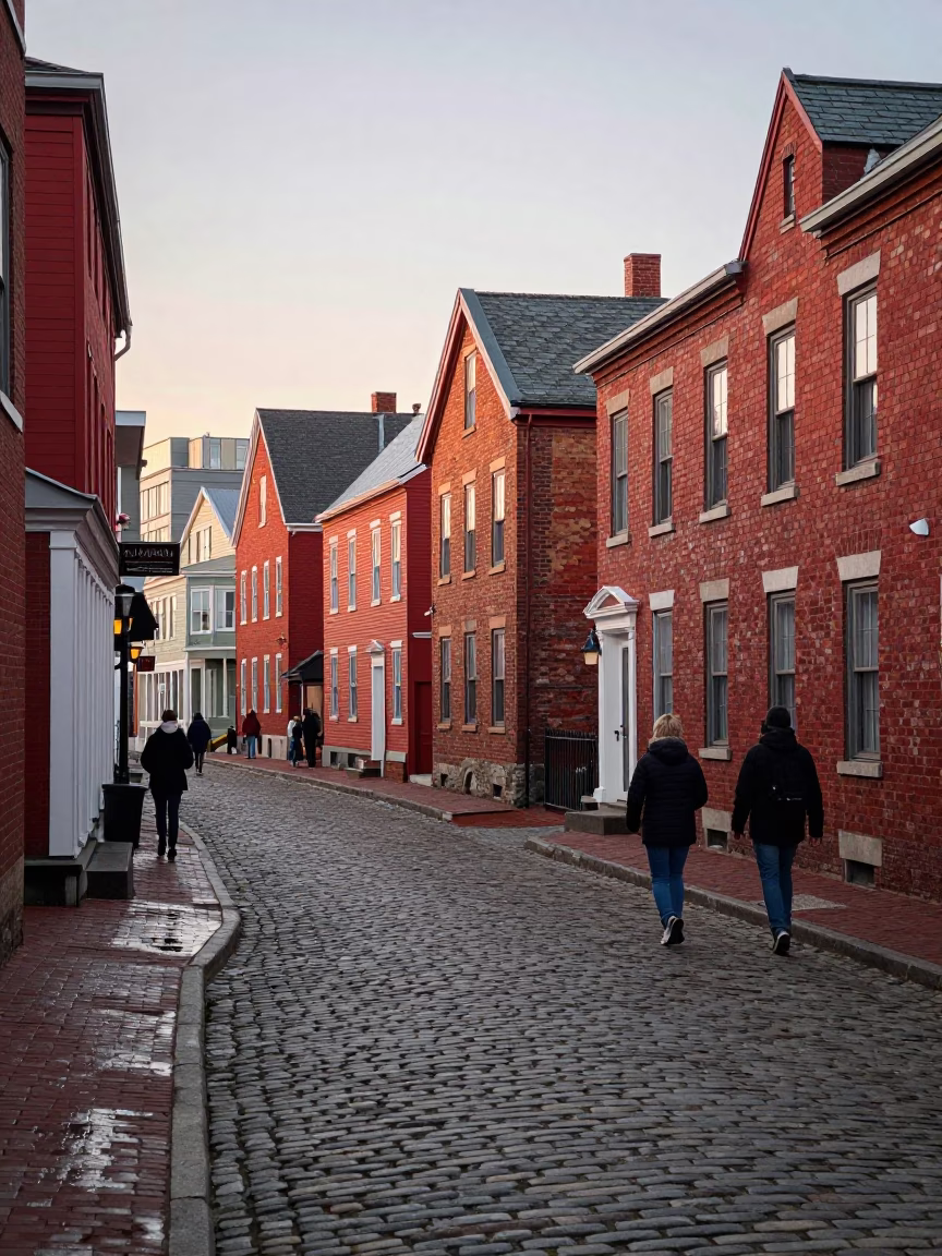 Halifax Waterfront Cobblestone Street Scene with Red Brick Buildings and Morning Light in in Halifax, Nova Scotia, Canada