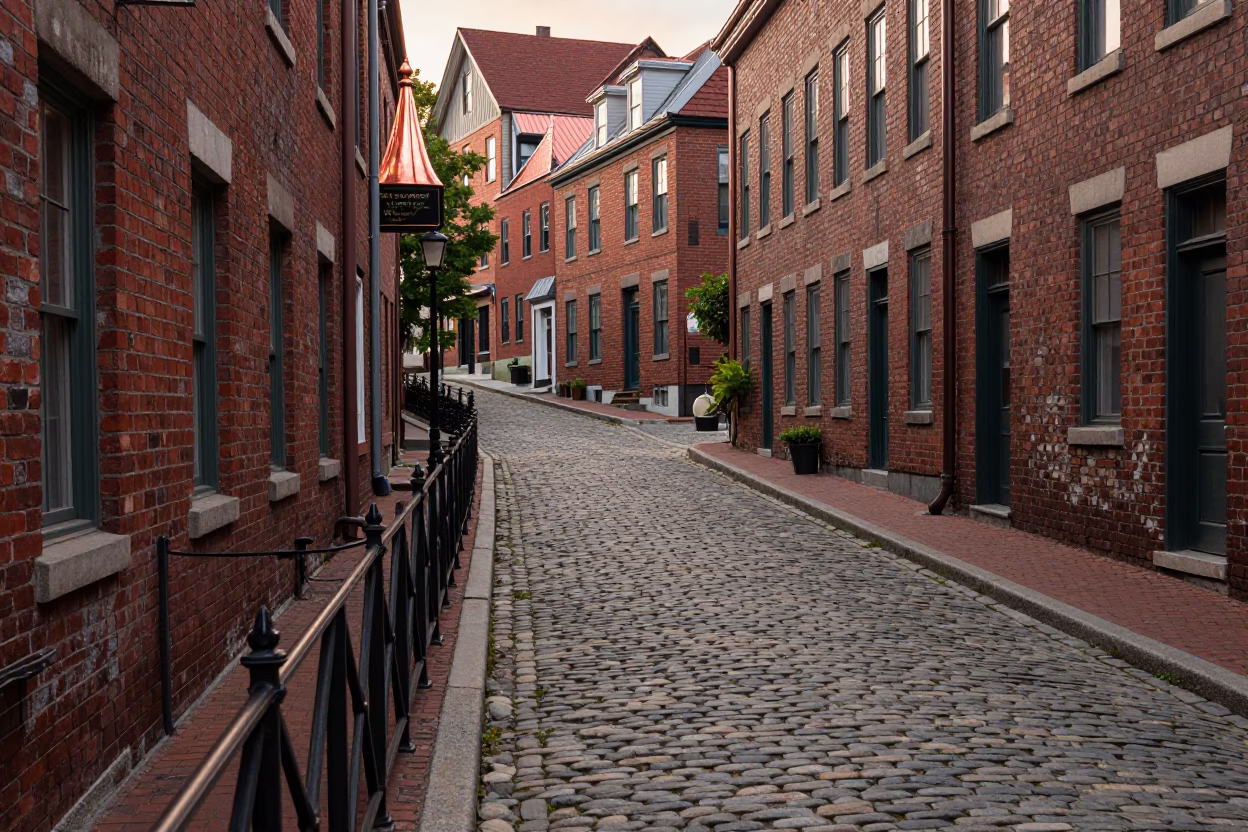 Halifax Waterfront Cobblestone Street with Brick Buildings and Copper Toned Dusk Light in in Halifax, Nova Scotia, Canada