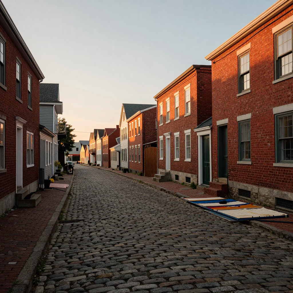 Halifax Waterfront Cobblestone Street with Brick Buildings and Drying Laundry in Honeyed Evening Light in in Halifax, Nova Scotia, Canada