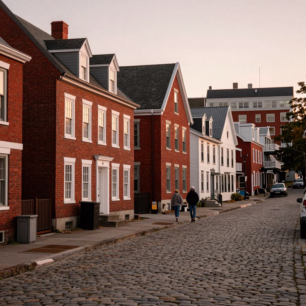 Halifax Waterfront Cobblestone Street with Vintage 1970s Architecture and Copper Dusk Lighting in in Halifax, Nova Scotia, Canada
