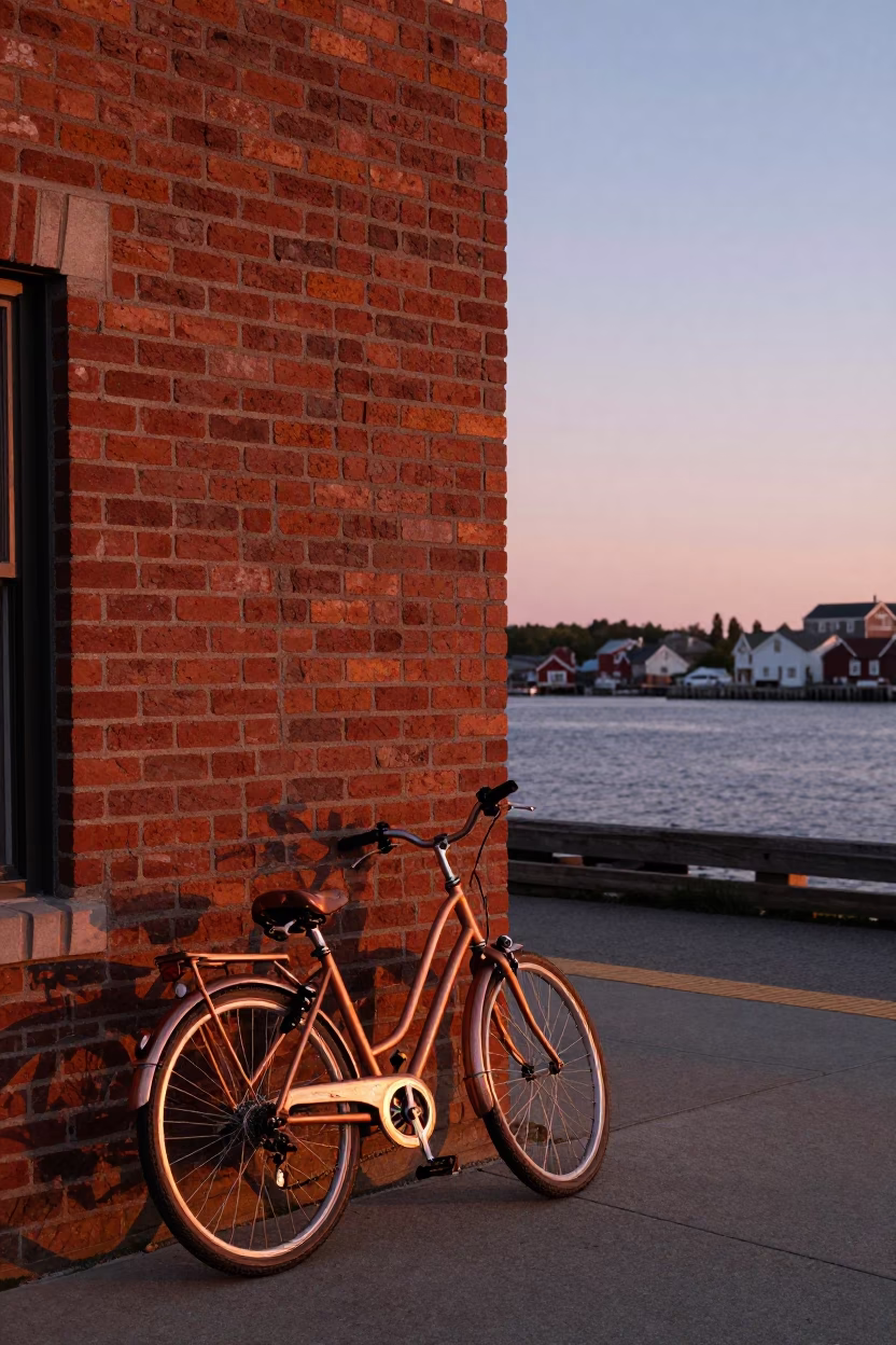 Halifax Waterfront Copper Dusk Bicycle Leaning Against Cafe Brick Wall in in Halifax, Nova Scotia, Canada