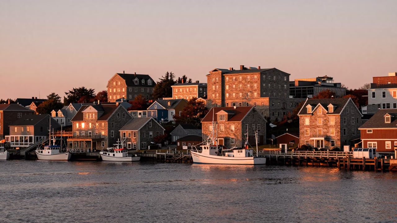 Halifax Waterfront Copper Dusk View of Historic Stone Buildings and Harbor Boats in in Halifax, Nova Scotia, Canada