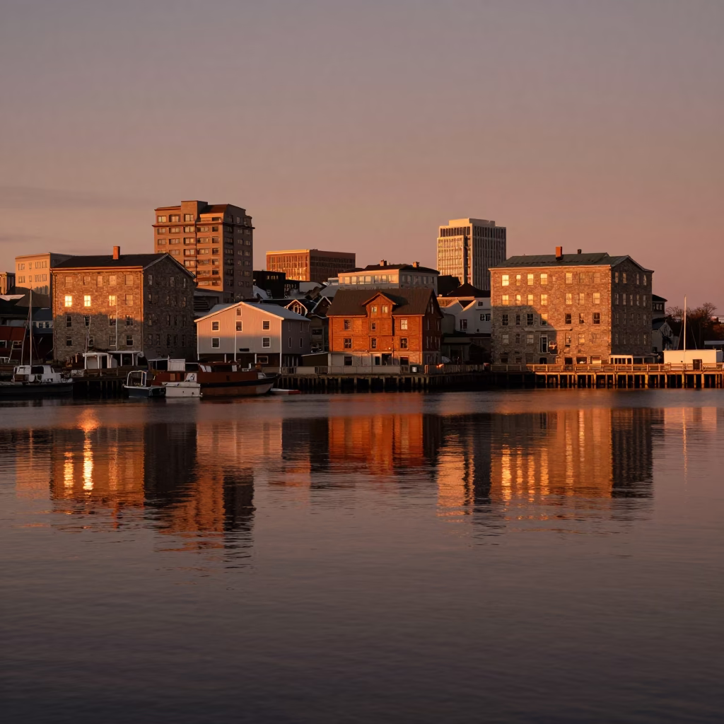 Halifax Waterfront Copper Light Before Dusk Reflecting Historic Architecture and Busy Pedestrian Activity in in Halifax, Nova Scotia, Canada