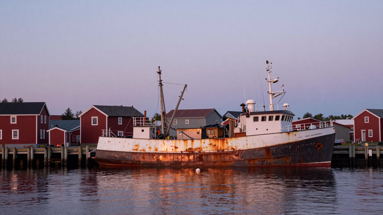 Halifax Waterfront Copper Light Fishing Trawler Docked Near Historic Stone Pier in in Halifax, Nova Scotia, Canada