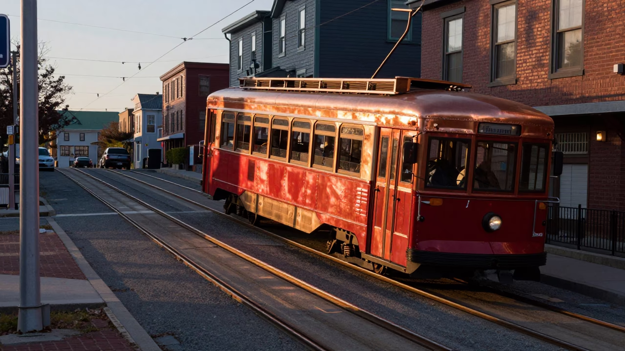 Halifax Waterfront Copper Light Tram on Steep Hill Before Dusk in in Halifax, Nova Scotia, Canada