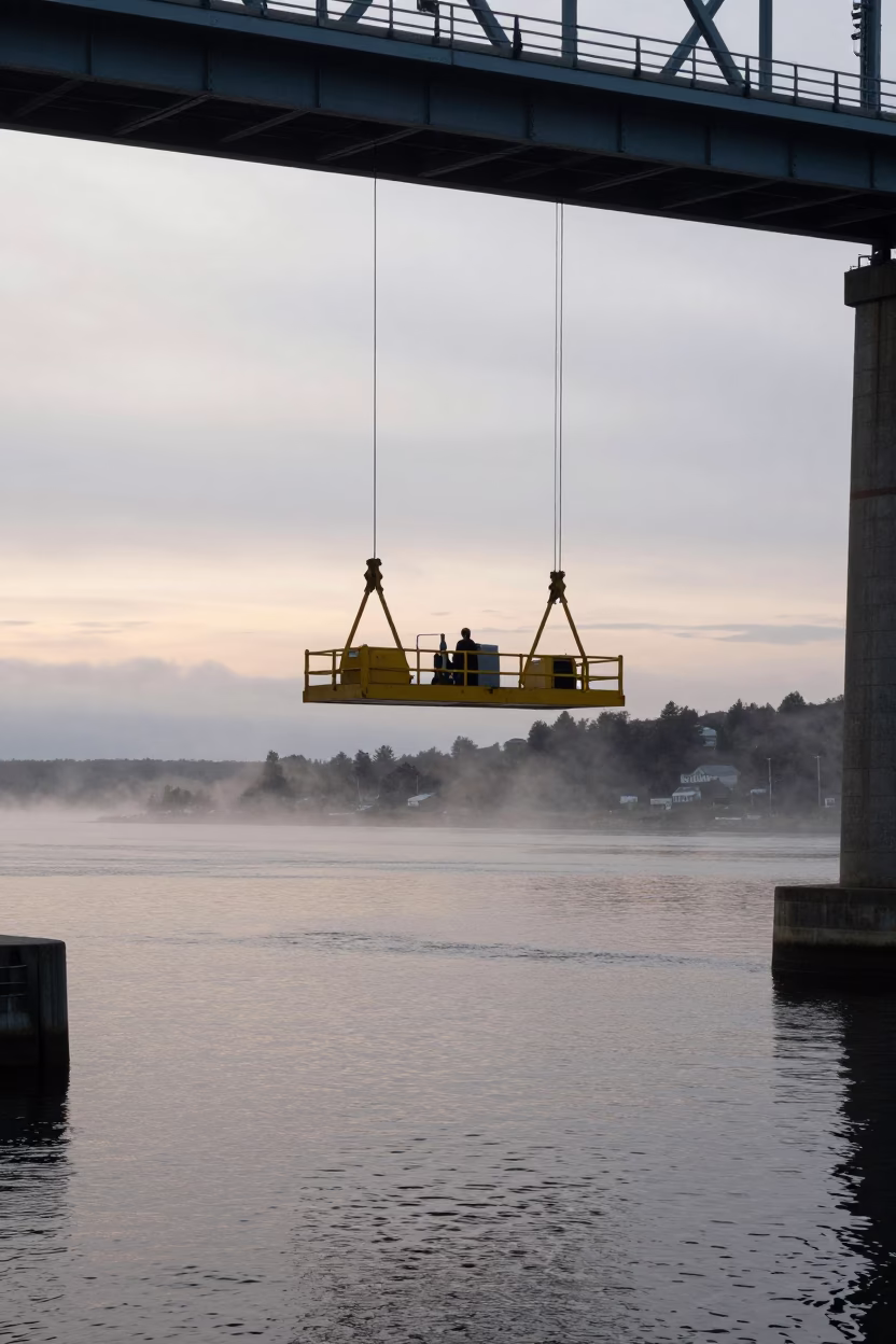 Halifax Waterfront Dawn Bridge Maintenance Cradle Over Cold River Fog in in Halifax, Nova Scotia, Canada
