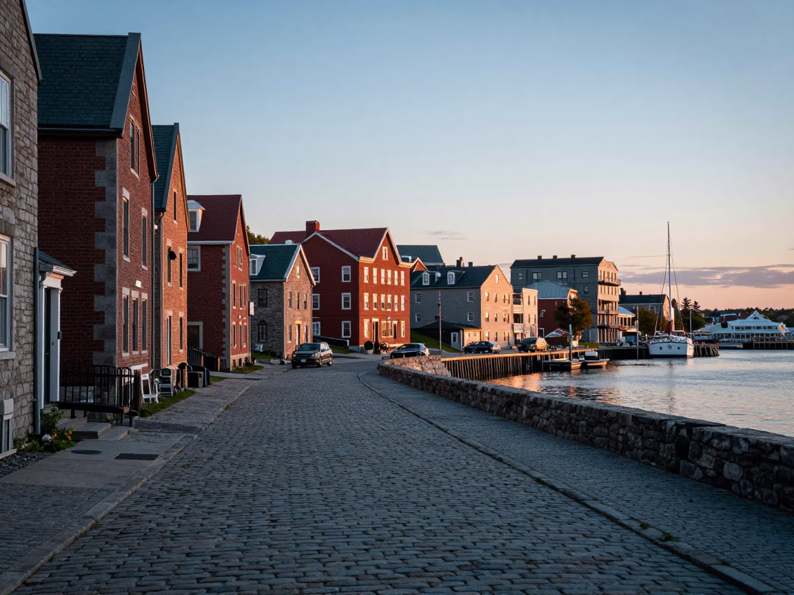 Halifax Waterfront Dawn Light on Historic Stone Buildings and Busy Street Scene in in Halifax, Nova Scotia, Canada