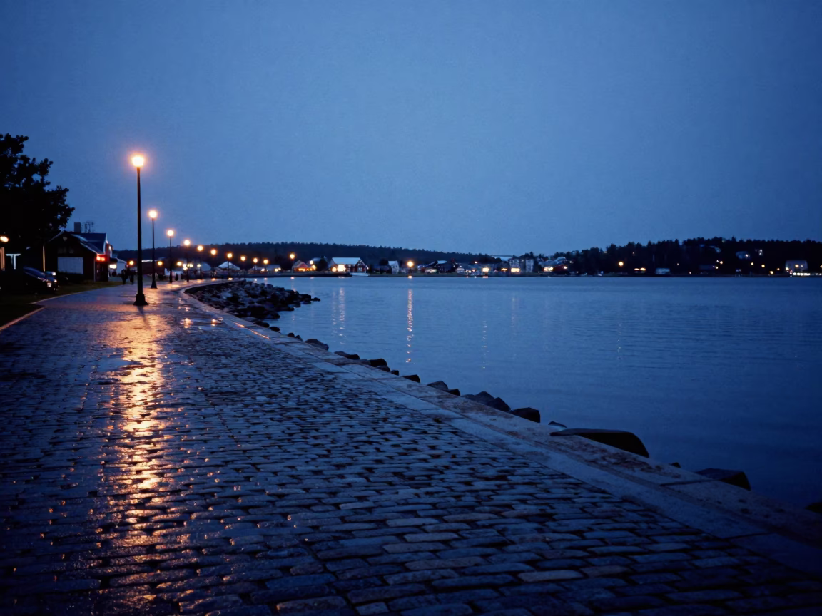 Halifax Waterfront Dawn Light Reflecting on Wet Cobblestones Near Historic Brick Warehouses in in Halifax, Nova Scotia, Canada