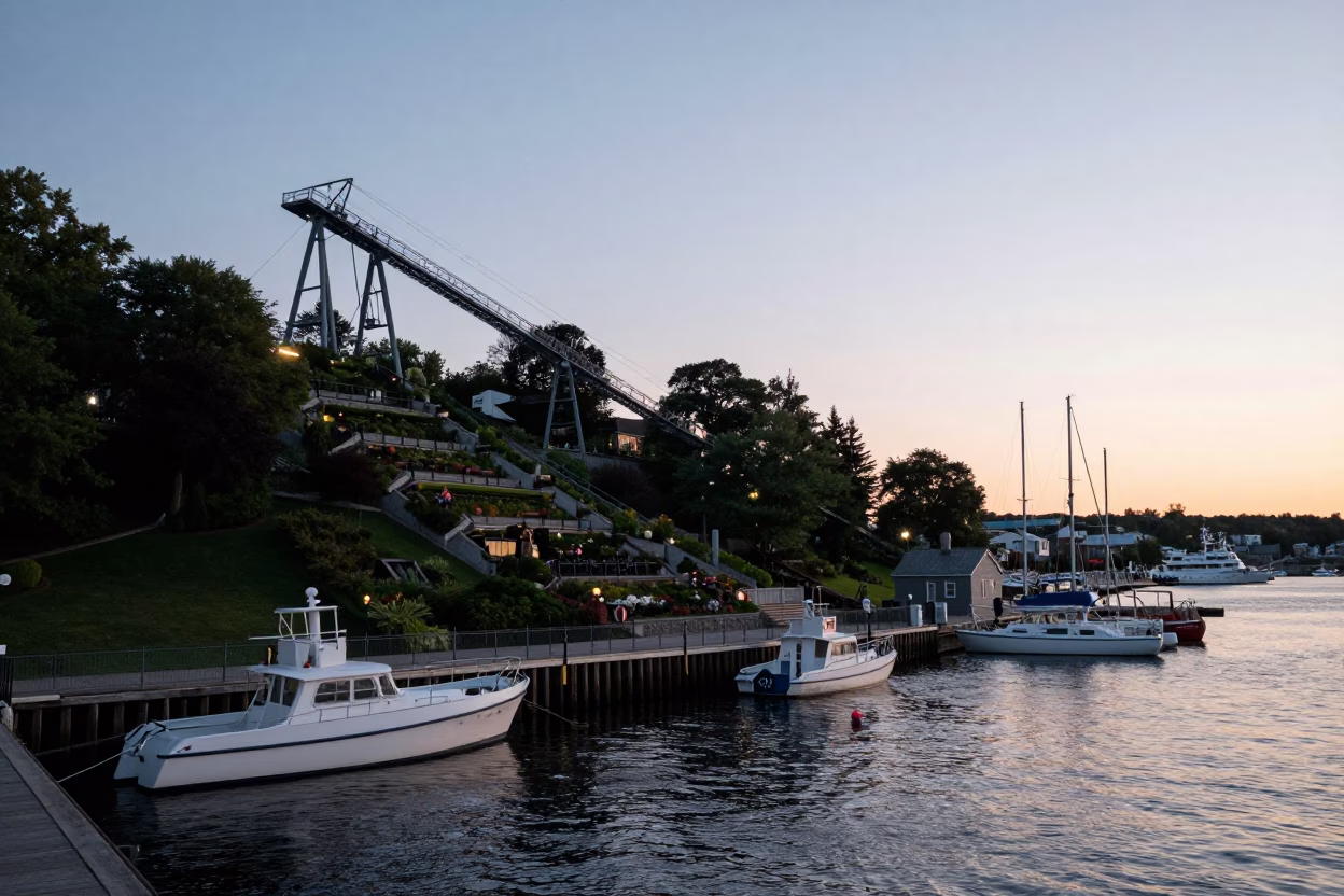 Halifax Waterfront Dawn Scene with Funicular and Boats in in Halifax, Nova Scotia, Canada