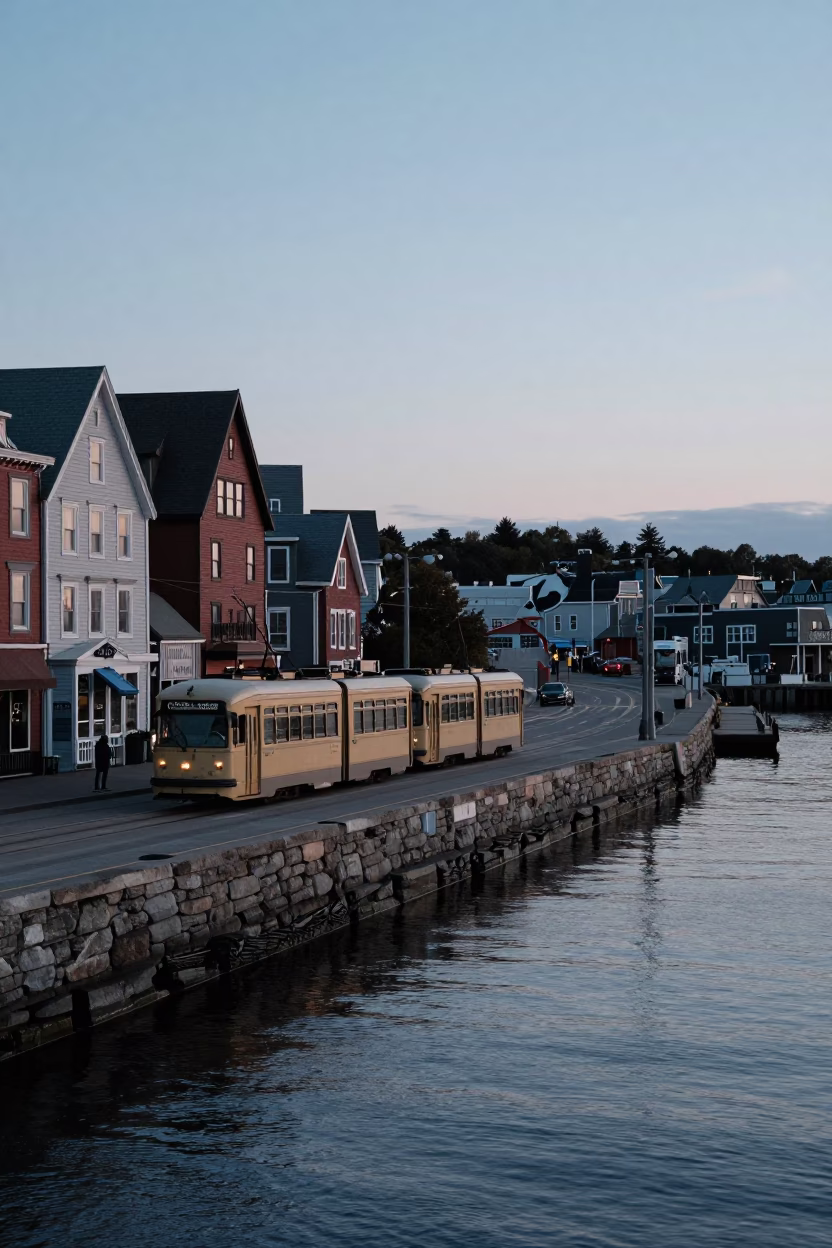 Halifax Waterfront Dawn Street Scene with Tram and Harbour Views in in Halifax, Nova Scotia, Canada
