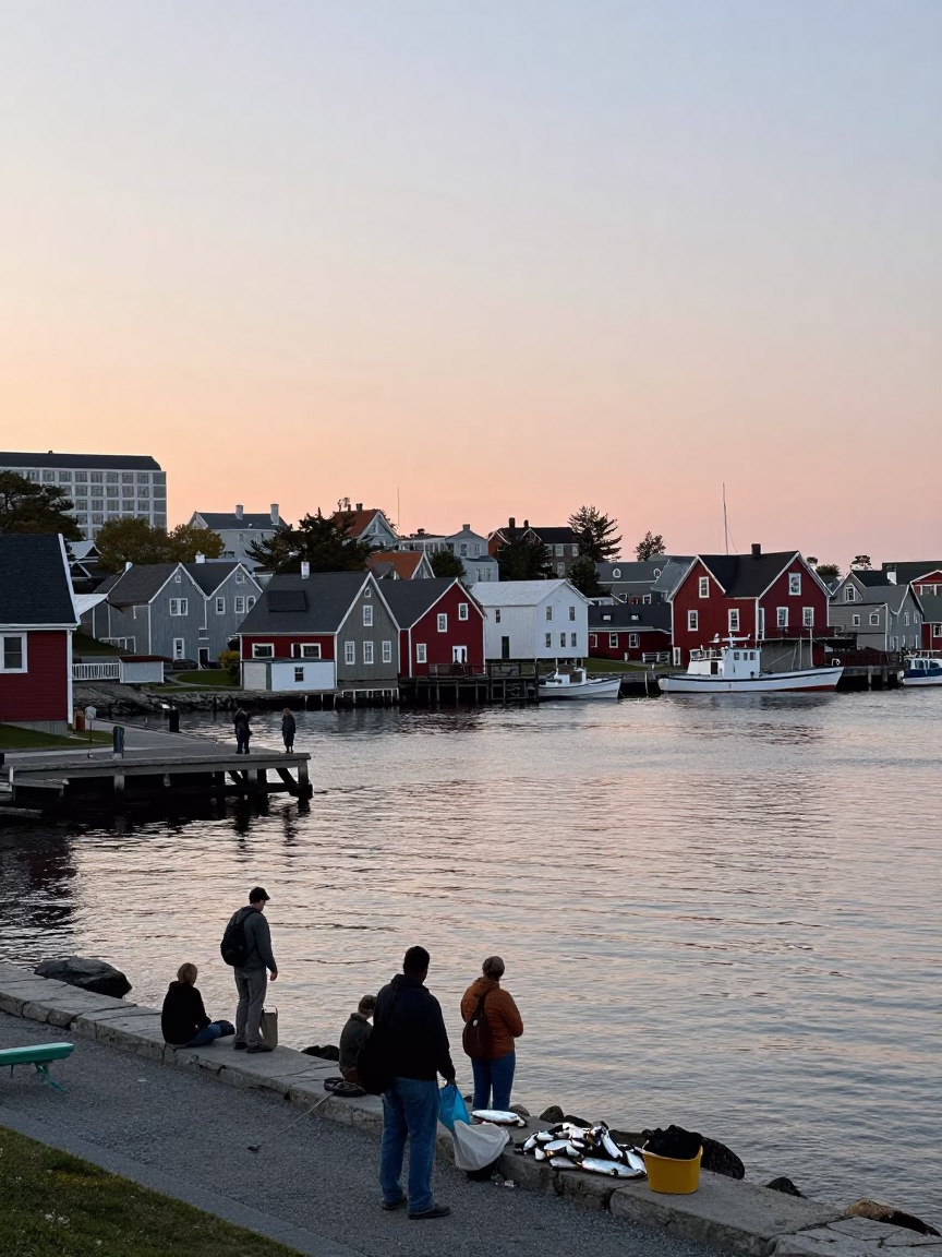 Halifax Waterfront Dawn with Fishermen Sorting Catch Near Historic Stone Quays in in Halifax, Nova Scotia, Canada