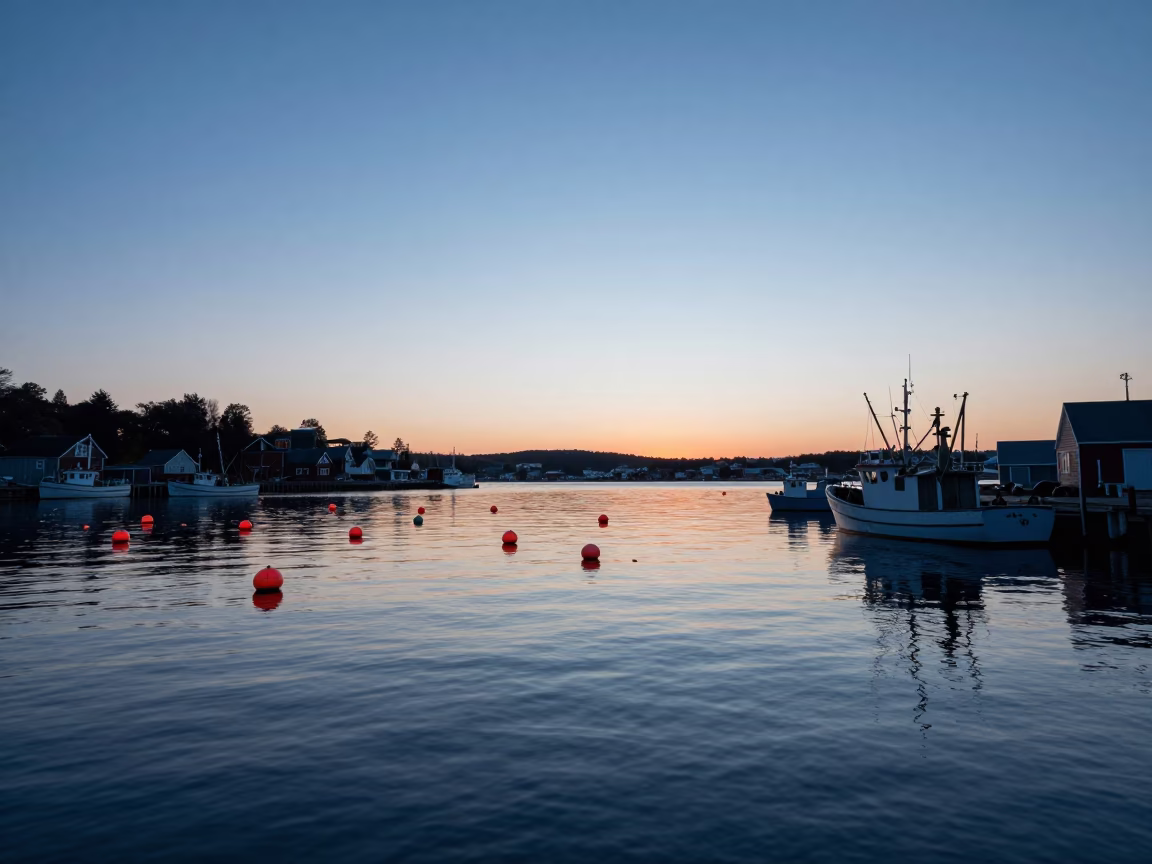 Halifax Waterfront Dawn with Fishing Floats and Harbor Activity in in Halifax, Nova Scotia, Canada