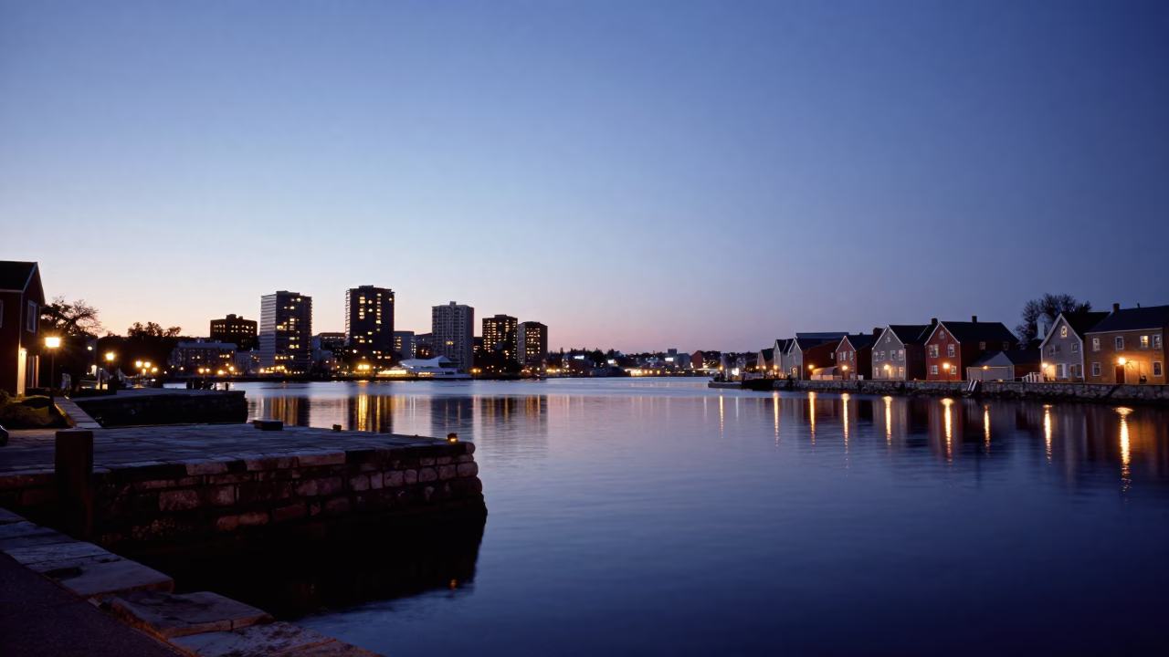 Halifax Waterfront Dawn with Harbour Lights and Historic Stone Wharf in in Halifax, Nova Scotia, Canada