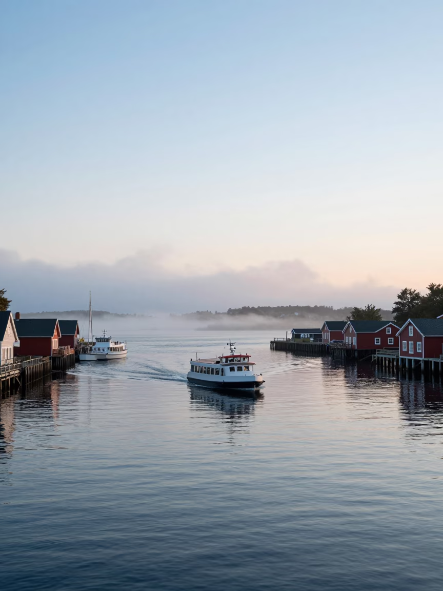 Halifax Waterfront Dawn with Water Taxi and Canal Houseboats in in Halifax, Nova Scotia, Canada