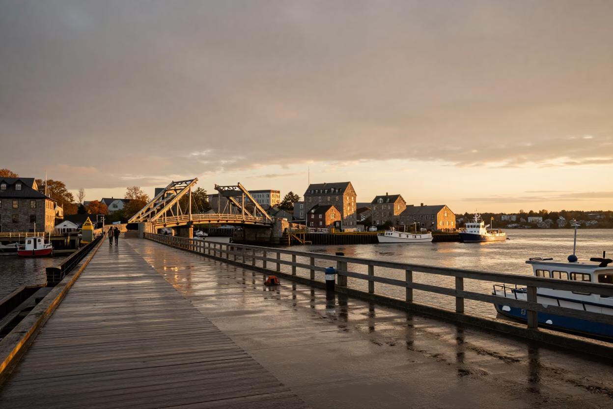 Halifax Waterfront Drawbridge at Golden Hour with Boats and Historic Stone Buildings in in Halifax, Nova Scotia, Canada