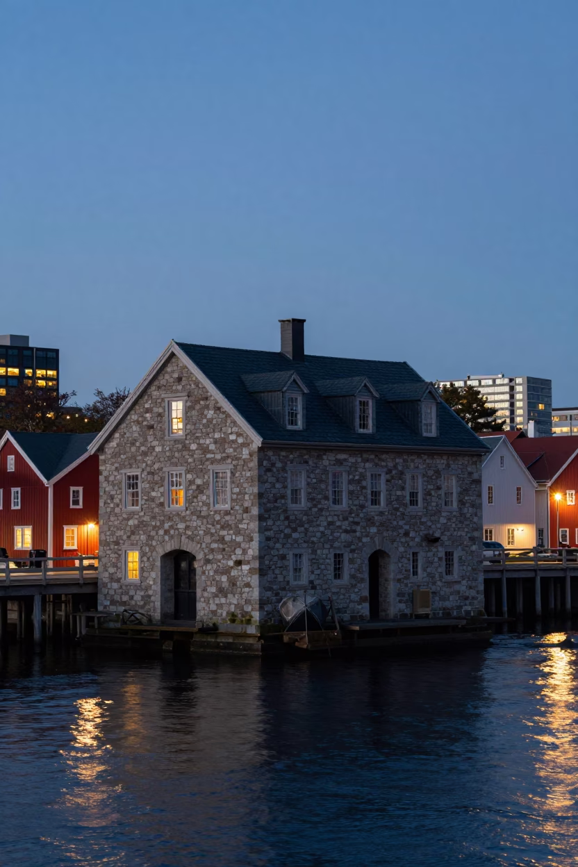 Halifax Waterfront Drawbridge Counterweight House at Dusk with Black Tidal Channel in in Halifax, Nova Scotia, Canada