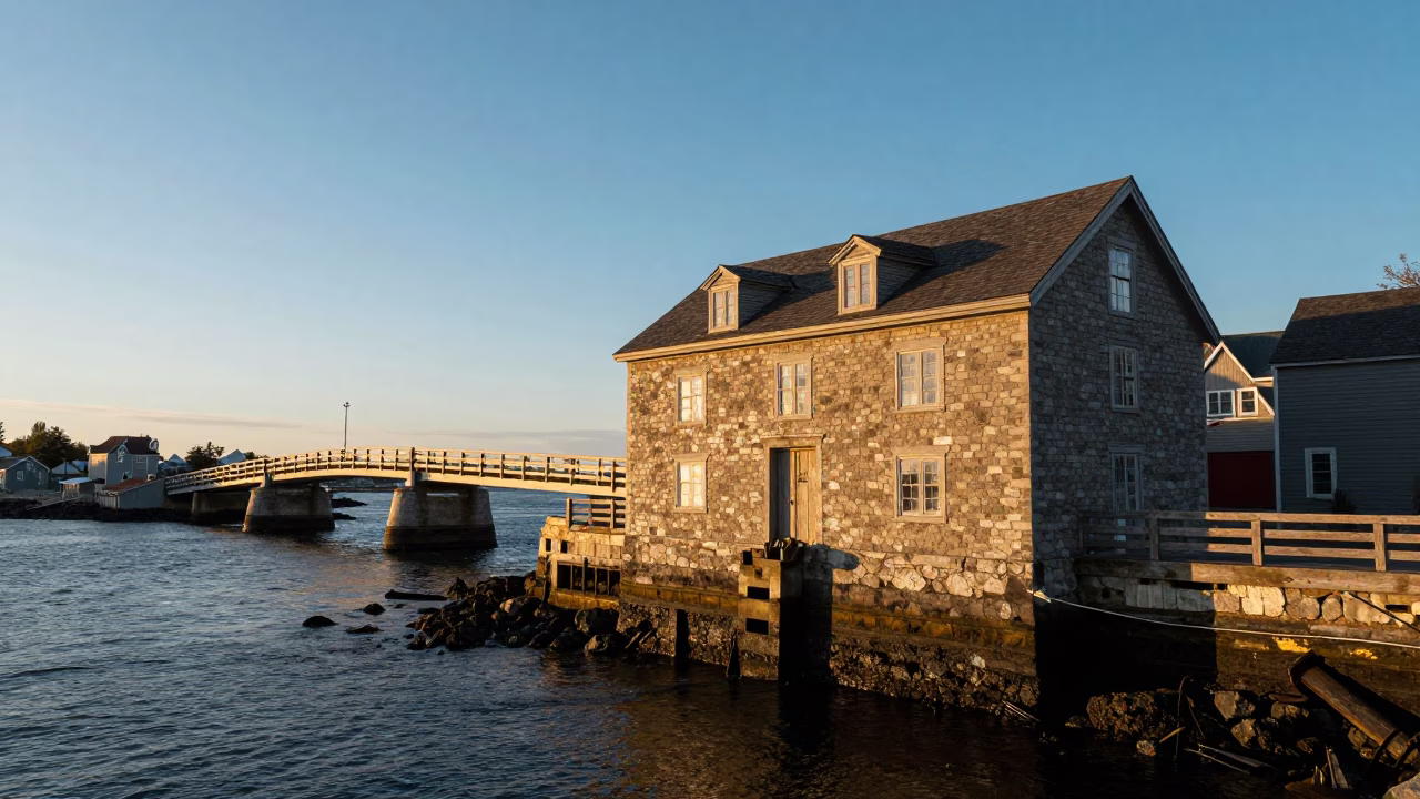Halifax Waterfront Drawbridge Counterweight House Golden Hour Tidal Channel View in in Halifax, Nova Scotia, Canada