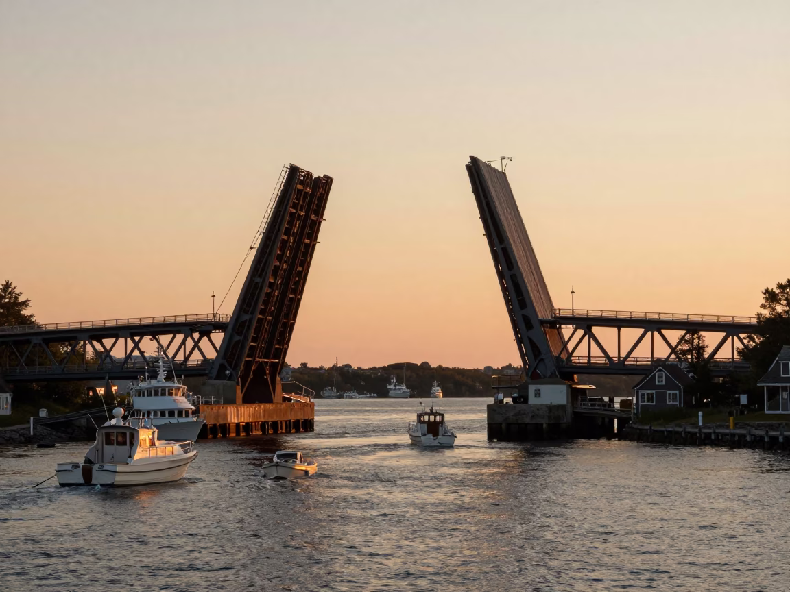 Halifax Waterfront Drawbridge Lifting at Sunset with Harbor Boats in in Halifax, Nova Scotia, Canada