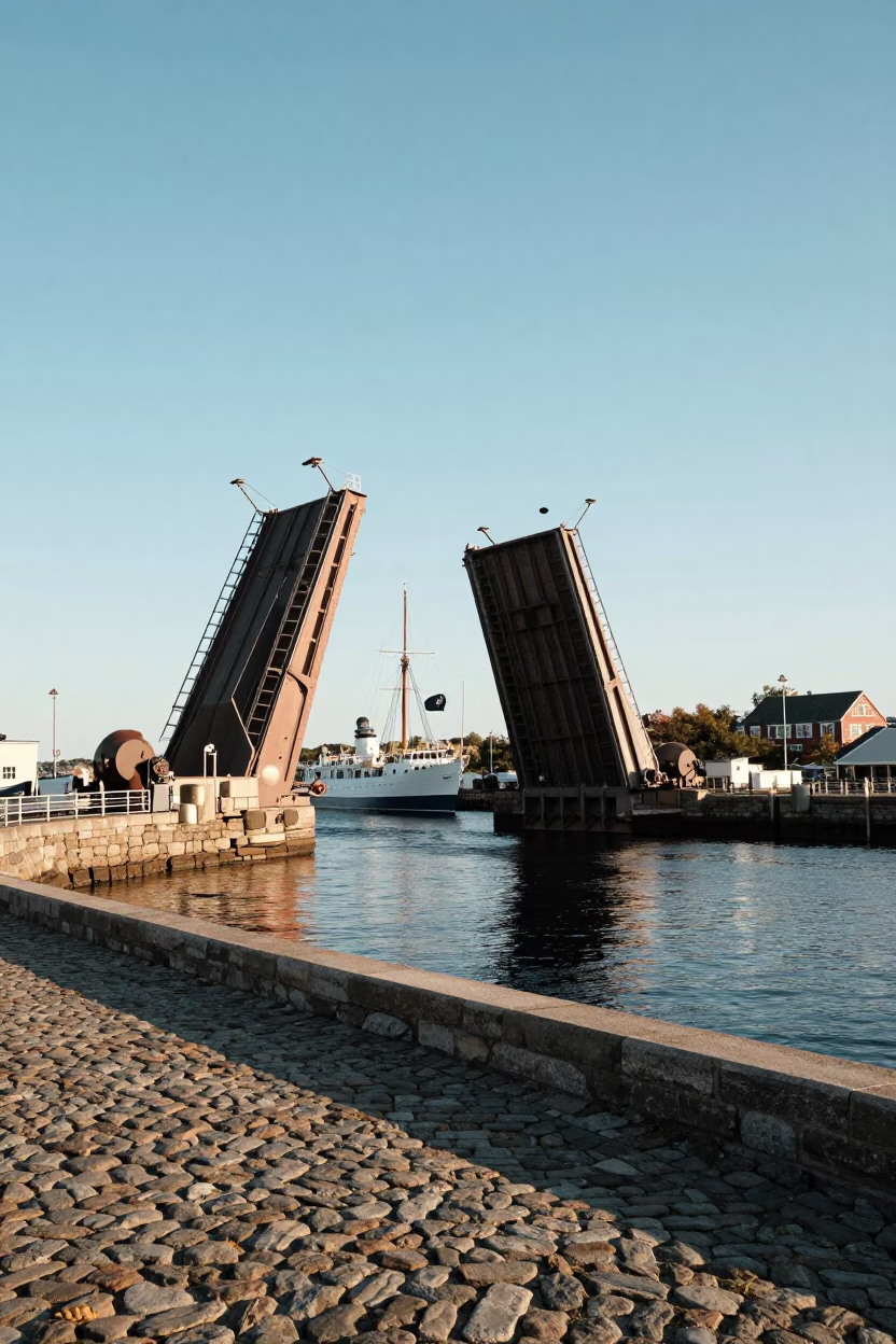 Halifax Waterfront Drawbridge Raising for Tall Ship in Clear Late Afternoon Light in in Halifax, Nova Scotia, Canada