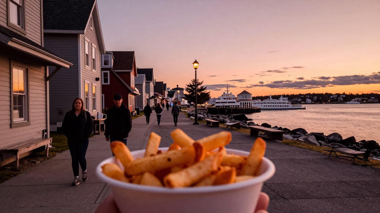 Halifax Waterfront Dusk Street Scene with Poutine and Local Atmosphere in in Halifax, Nova Scotia, Canada