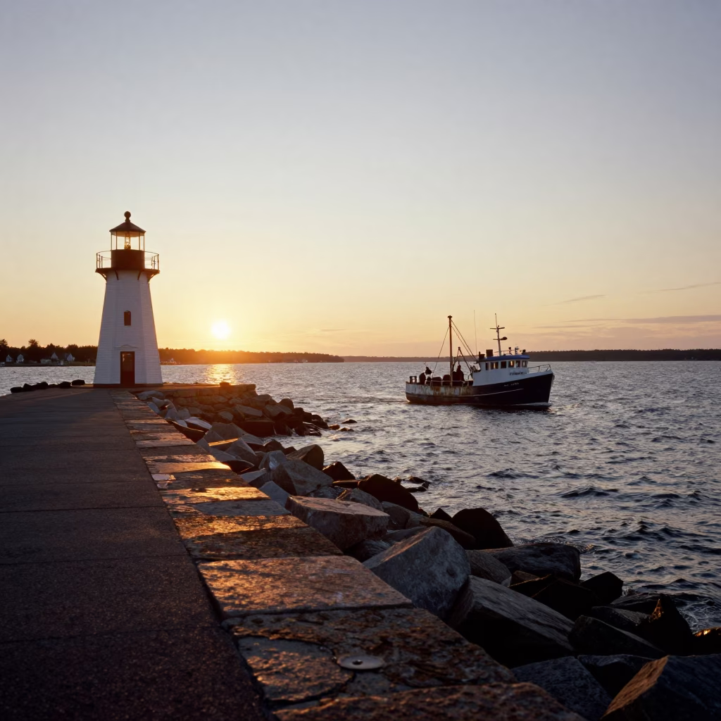 Halifax Waterfront Dusk View of Historic Lighthouse and Fishing Trawlers at Sunset in in Halifax, Nova Scotia, Canada