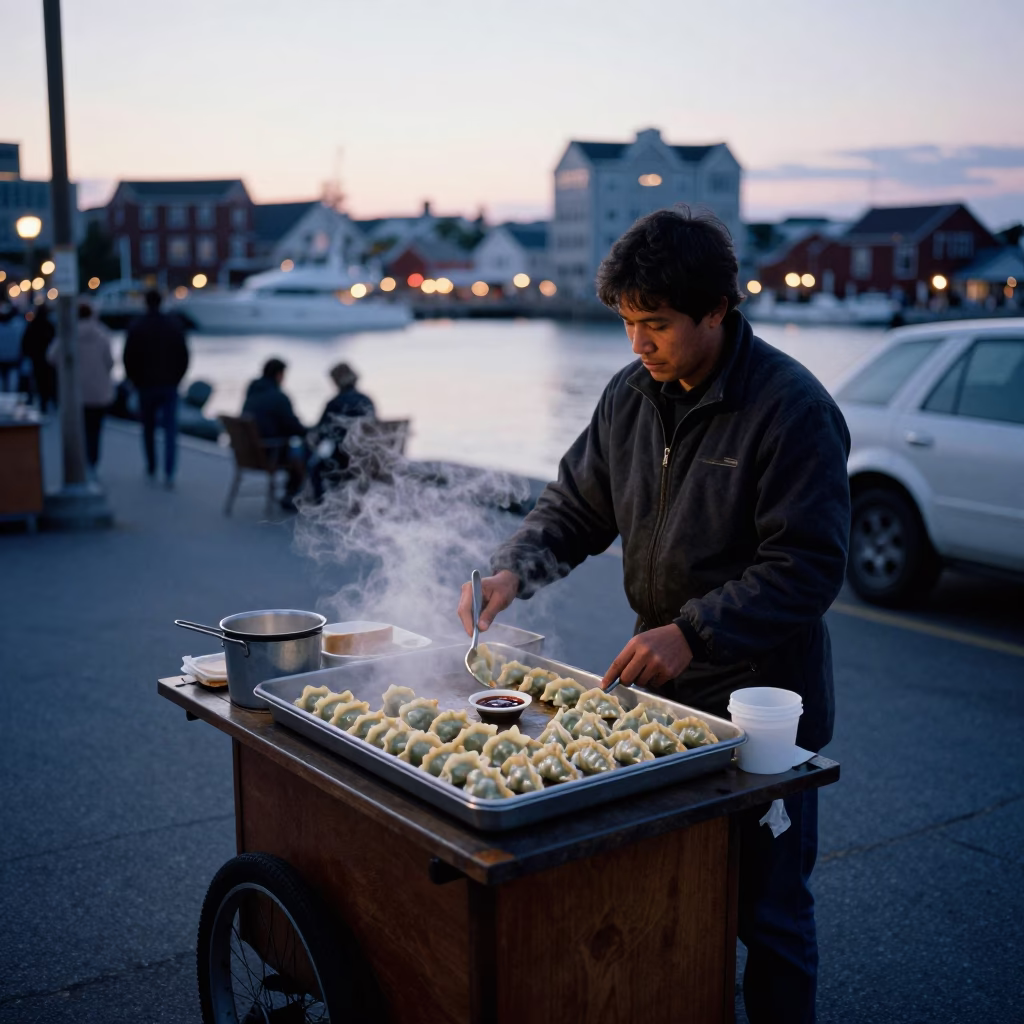 Halifax Waterfront Early Evening Street Scene with Gyoza and Urban Atmosphere in in Halifax, Nova Scotia, Canada