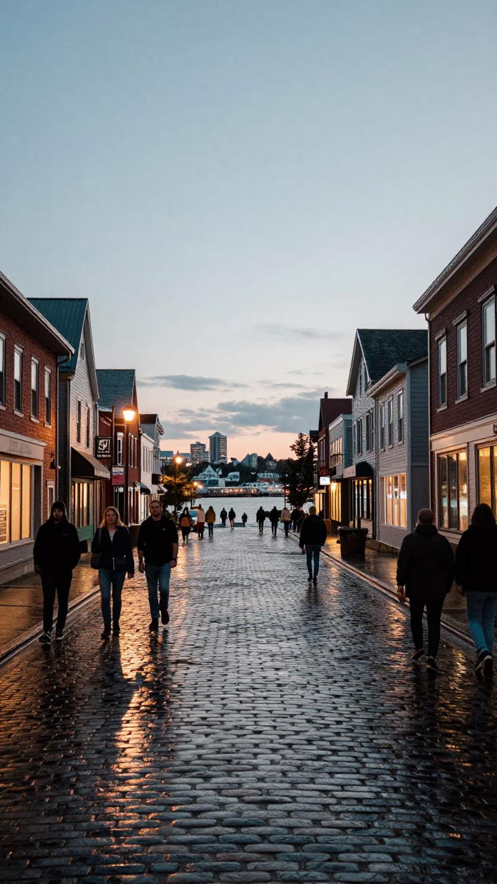 Halifax Waterfront Early Evening Street Scene with Pedestrians and Historic Stone Architecture in in Halifax, Nova Scotia, Canada