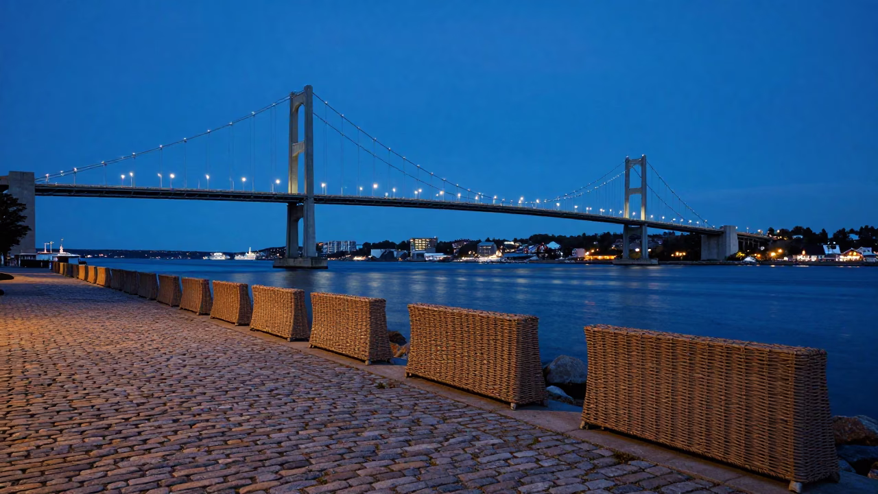 Halifax Waterfront Evening Ambiance with Suspension Bridge and Wicker Shadows in in Halifax, Nova Scotia, Canada