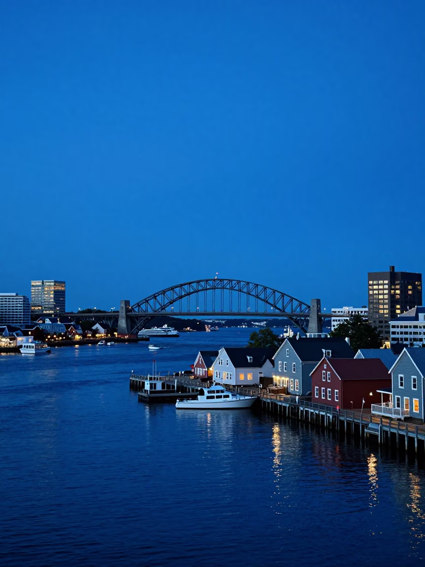 Halifax Waterfront Evening Blue Hour with Harbour Bridge and City Lights in in Halifax, Nova Scotia, Canada