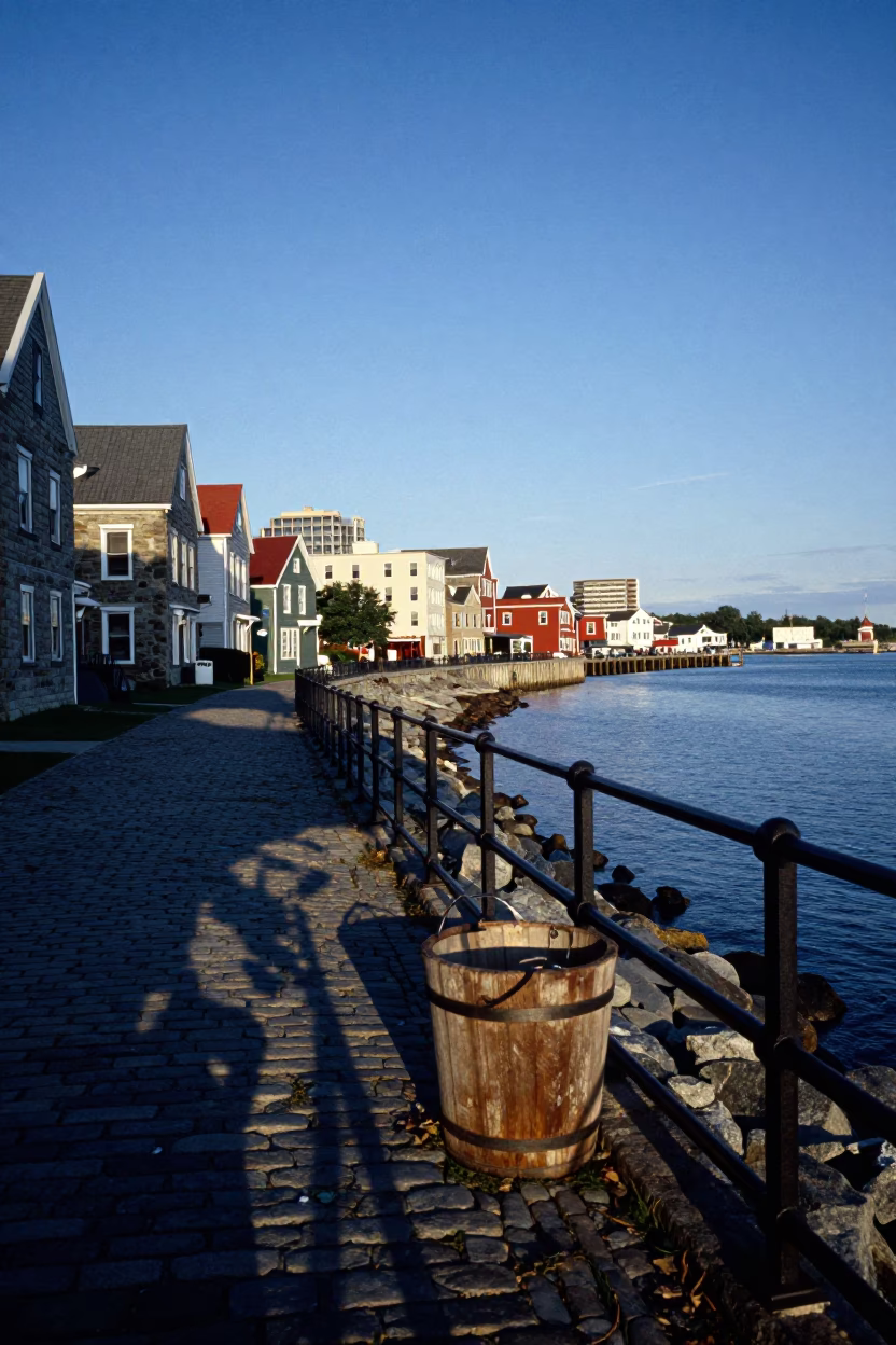 Halifax Waterfront Evening Blue Hour with Leaf Shadows and Local Street Details in in Halifax, Nova Scotia, Canada