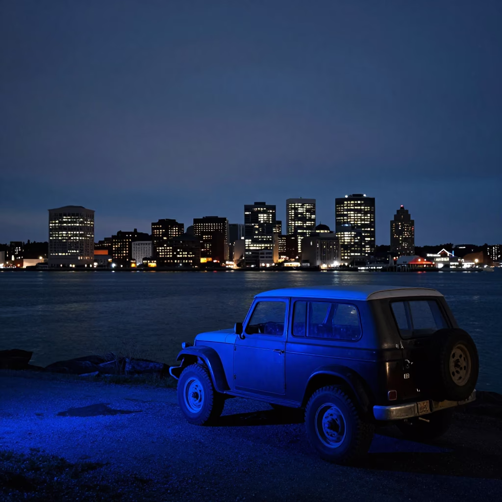 Halifax Waterfront Evening Blue Light with Vintage SUV and Coiled Rope in in Halifax, Nova Scotia, Canada