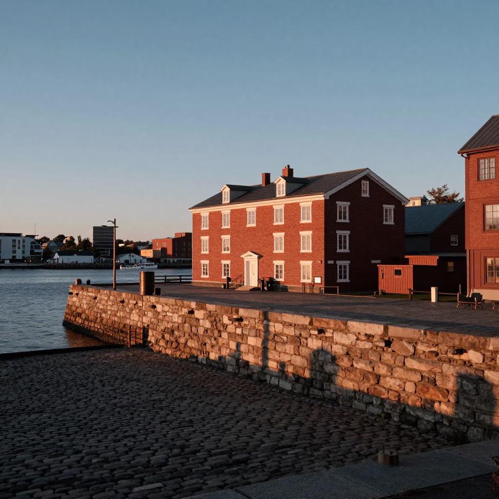 Halifax Waterfront Evening Copper Light with Red Brick Architecture and Pedestrians in in Halifax, Nova Scotia, Canada