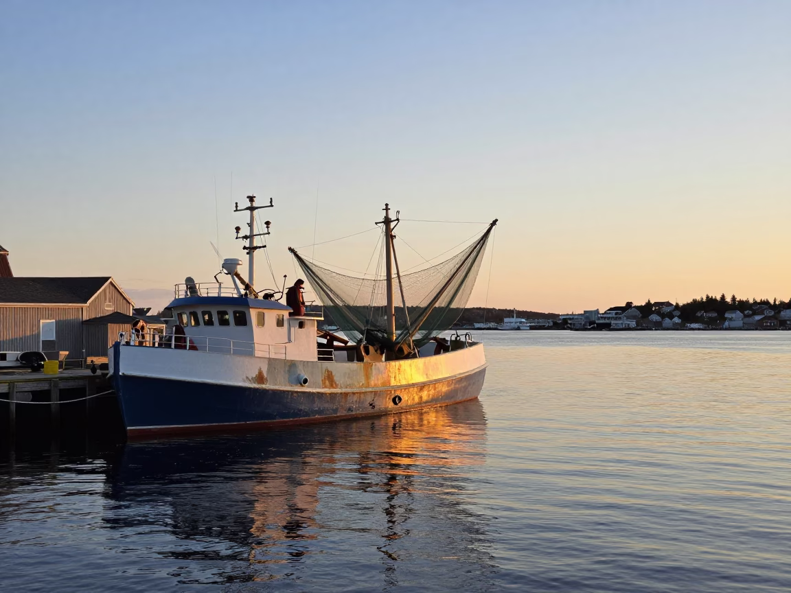 Halifax Waterfront Evening Light on Shrimp Trawler Nets and Dockside Activity in in Halifax, Nova Scotia, Canada