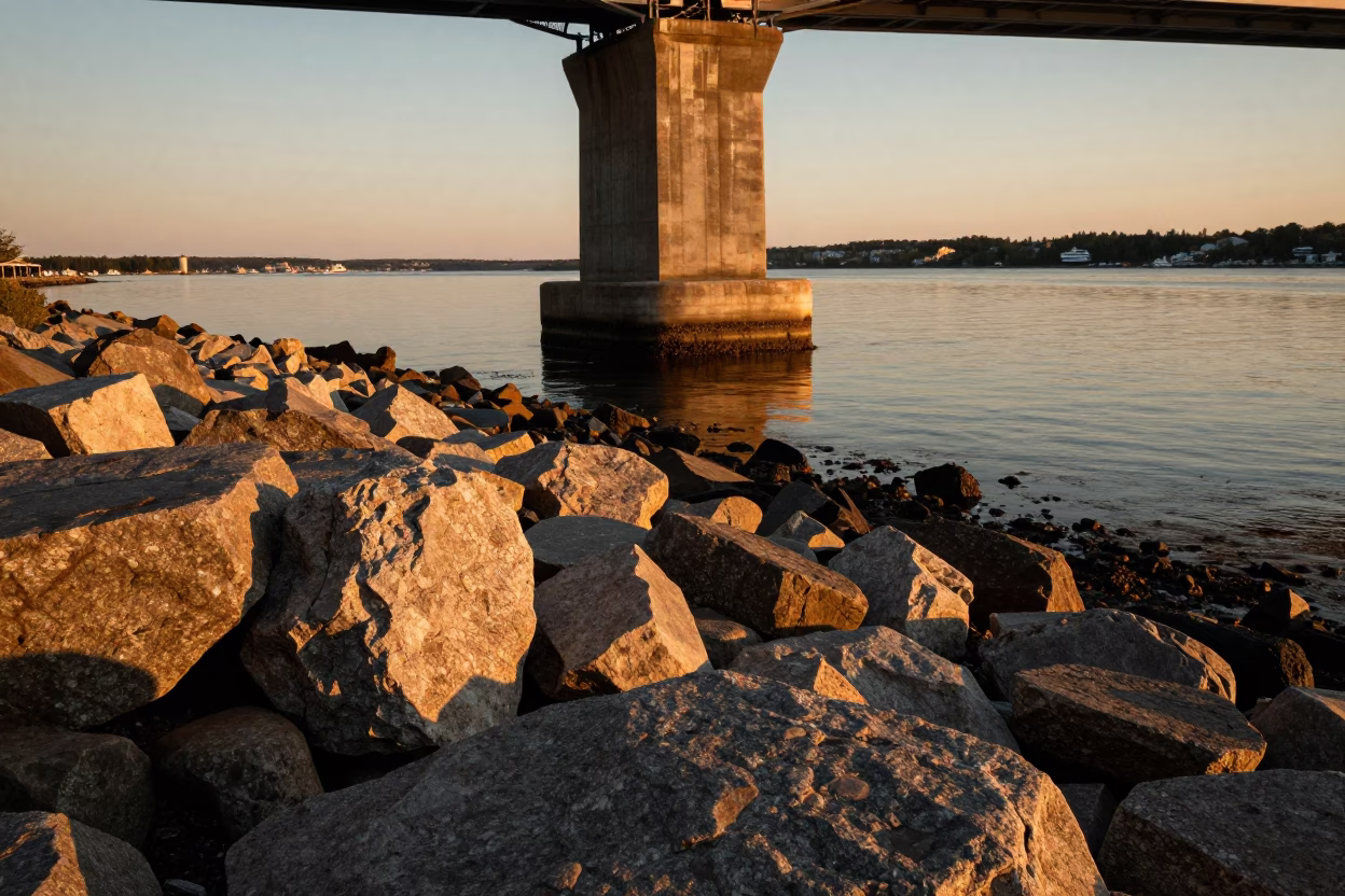 Halifax Waterfront Evening Light Reflecting Off Muddy Bridge Pier Base and Vine in in Halifax, Nova Scotia, Canada