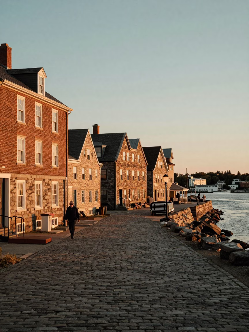 Halifax Waterfront Evening Light with Historic Stone Buildings and Cobblestone Street in in Halifax, Nova Scotia, Canada