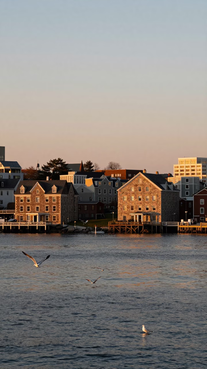 Halifax Waterfront Evening Light with Seagulls and Historic Stone Architecture in in Halifax, Nova Scotia, Canada