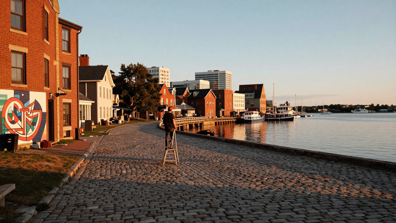 Halifax Waterfront Evening Light with Street Art and Maritime Atmosphere in in Halifax, Nova Scotia, Canada