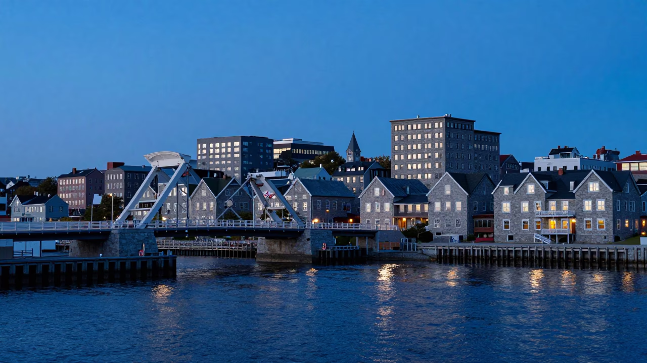 Halifax Waterfront Evening Scene with Drawbridge and Historic Architecture in in Halifax, Nova Scotia, Canada