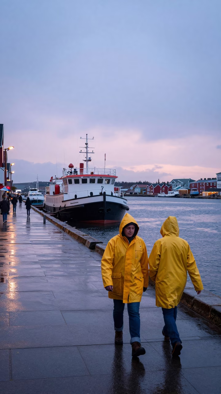 Halifax Waterfront Evening Scene with Raincoats and Canal Barge in Nova Scotia in in Halifax, Nova Scotia, Canada