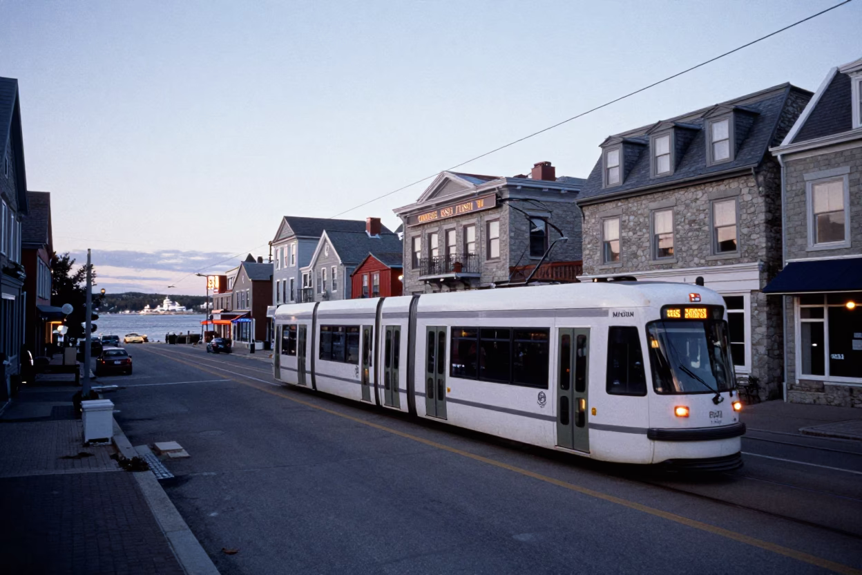 Halifax Waterfront Evening Scene with Tram and Harbour Views in in Halifax, Nova Scotia, Canada